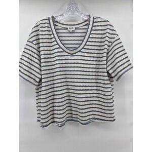 BKE Striped V-Neck Top Small Blue Cream Textured Coastal‎ Boho Nautical Relaxed